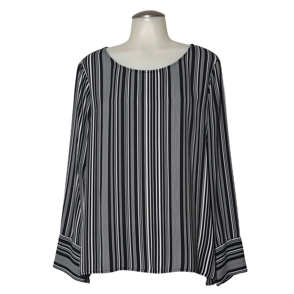 Counterparts Blouse Women XL Black White Striped Long Sleeve Wide Cuff NWOT NICE
